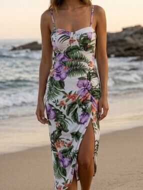 Jolie Tropical Floral Spaghetti Strap Dress in White, Green & Purple